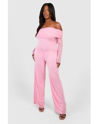 Boohoo - Plus Slinky & Mesh Bardot Wide Leg Jumpsuit - Lyst