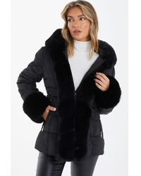 Quiz - Black Padded Faux Fur Trim Jacket - Lyst