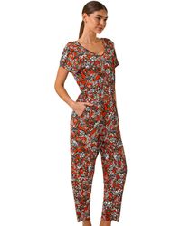 Roman - Floral Print V-Neck Stretch Jumpsuit - Lyst