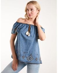 Blue Vanilla - Denim Embroidered Bardot Top - Lyst