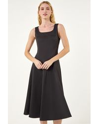 Roman - Square Neck Pleated Midi Dress - Lyst