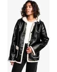 Boohoo - Tall Borg Lined Faux Leather Hooded Coat - Lyst