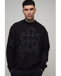 BoohooMAN - Tall Oversized Boxy Fluffy Cross Jacquard Knitted Jumper - Lyst