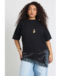 Boohoo - Plus Lace Satin Asymmetric Hem T-Shirt - Lyst