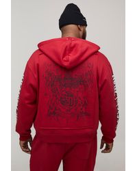 BoohooMAN - Plus Oversized Boxy Zip Through Rhinestone Applique Gothic Print Hoodie - Lyst