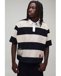 BoohooMAN - Oversized Boxy Shrunken Half Sleeve Applique Stripe Rugby Polo - Lyst