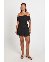 Boohoo - Mesh Bardot Ruched Body Skater Dress - Lyst
