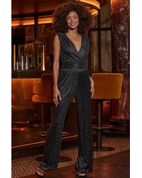 Sosandar - Pewter Shimmering Metallic Wrap Front Jumpsuit - Lyst