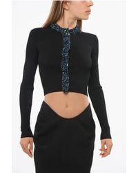 Balmain - Geribbelde Cropped Cardigan Versierd Met Pailletten En Kralen In Zwart - Lyst