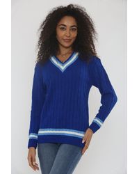 Femme Luxe - Cable Knit V Neck Jumper With Stripe - Lyst