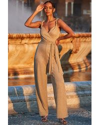 Sosandar - Champagne Metallic Plisse Tie Waist Wrap Jumpsuit - Lyst