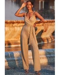 Sosandar - Champagne Metallic Plisse Tie Waist Wrap Jumpsuit - Lyst