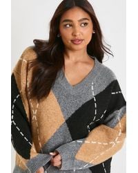 Boohoo - Plus Oversized Argyle V Neck Knitted Jumper - Lyst