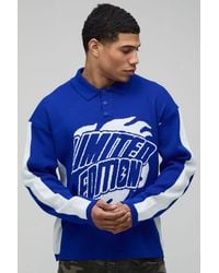 BoohooMAN - Oversized Moto Graphic Long Sleeve Knitted Polo - Lyst