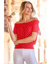Sosandar - Coral & Metallic Spot Print Bardot Top - Lyst