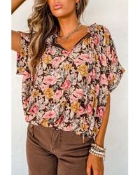 Azura Exchange - Roze Bloemenprint Blouse Met Bubbelzoom En V-hals - Lyst