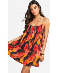 Boohoo - Printed Beaded Strap Linen Look Mini Dress - Lyst
