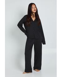 Boohoo - Petite Soft Touch Button Through Shirt And Trouser Pyjama Set - Lyst