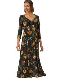 Roman - Floral Print Ruched Stretch Midi Dress - Lyst