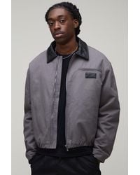 BoohooMAN - Oversized Boxy Contrast Pu Collar Twill Worker Jacket - Lyst
