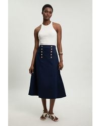 Karen Millen - Petite Cotton Tailored Button Detail Midi Skirt - Lyst