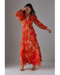 Warehouse - Petite Chiffon Cut Out Waist Ruffe Maxi Dress - Lyst