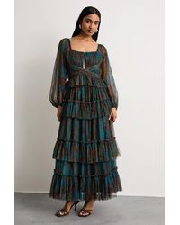 Warehouse - Abstract Print Cut Out Gathered Tulle Maxi Dress With Tiers - Lyst