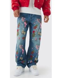 BoohooMAN - Baggy Fit Rigid Floral Embroidered Jeans - Lyst