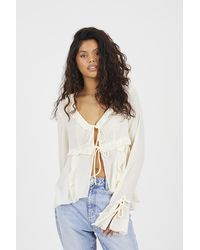 Brave Soul - Long Sleeve Mesh Ruffle Tie Front Blouse - Lyst