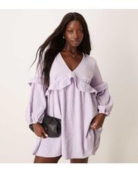 ASOS - Design Cord Smock Mini Dress With Frill Detail - Lyst