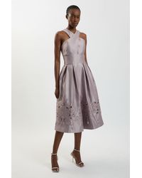 Karen Millen - Tailored Satin Cutwork Halter Midi Dress - Lyst