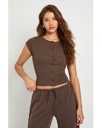 Boohoo - Stripe Button Through Cap Sleeve Top - Lyst