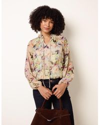 Blue Vanilla - Watercolour Floral Printed Tie Front Blouse - Lyst