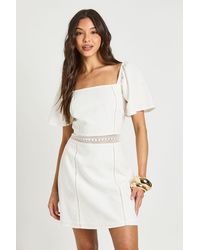 Boohoo - Crochet Trim Linen Look Mini Dress - Lyst