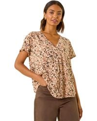 Roman - Animal Print V-Neck Pleat Front Top - Lyst