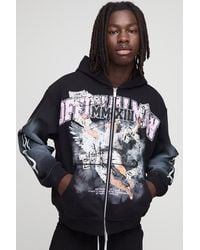 BoohooMAN - Oversized Boxy Glitter Print Spray Wash Graphic Zip Up Hoodie - Lyst