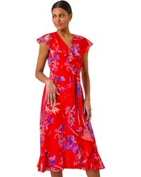Roman - Floral Print Ruffle Wrap Front Midi Dress - Lyst