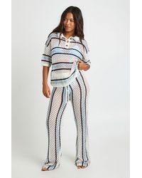 Boohoo - Stripe Crochet Button Down Shirt And Wide Leg Trouser Co-Ord - Lyst