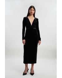 Karen Millen - Stretch Velvet Taping Detail Mesh Plunge Neck Cut Out Back Midi Dress - Lyst