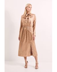 PRINCIPLES - Camel Cowl Tie Neck Satin Jacquard Midi Dress - Lyst