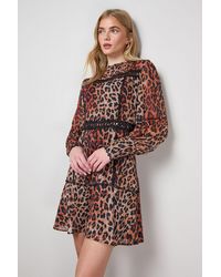 Oasis - Printed Lace Trim Long Sleeve Flippy Mini Dress - Lyst