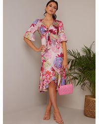 Chi Chi London - Short Sleeve Tie Front Floral Midi Dress - Lyst