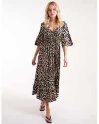 Blue Vanilla - Leopard Print Elasticated Neck Shirred Waist Midi Dress - Lyst
