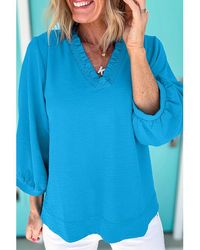 Azura Exchange - Elegante Bluse Mit Rüschensaum, V-Ausschnitt Und Langen Ärmeln Für Damen - Lyst