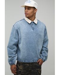 BoohooMAN - Embroidered Washed Oversized Denim Rugby Shirt - Lyst