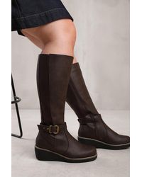 Where's That From - Wheres 'Ayleen' Wide Calf Wedge Heel Knee High Boots With Elastic Panel - Lyst