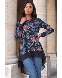 Roman - Floral Puff Print Chiffon Godet Hem Top - Lyst