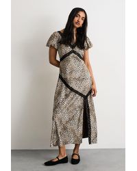 Warehouse - Polkadot Puff Sleeve Lace Trim Midi Dress With Split - Lyst