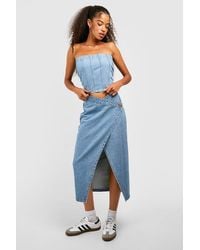 Boohoo - Asymmetric Wrap Midaxi Denim Skirt - Lyst