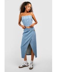 Boohoo - Asymmetric Wrap Midaxi Denim Skirt - Lyst